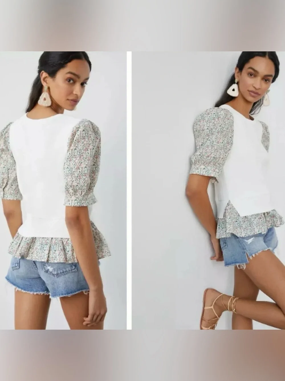 Anthropologie Floral Poplin Puff-Sleeve Peplum Top - White / Multi